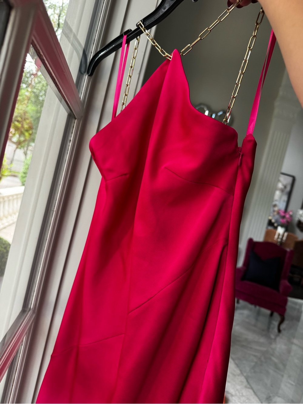 Gianni Bini Fuchsia Satin Mini Dress with Gold Chain - Picture 2 of 3